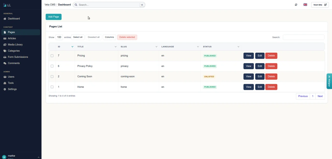 Vela CMS — admin dashboard